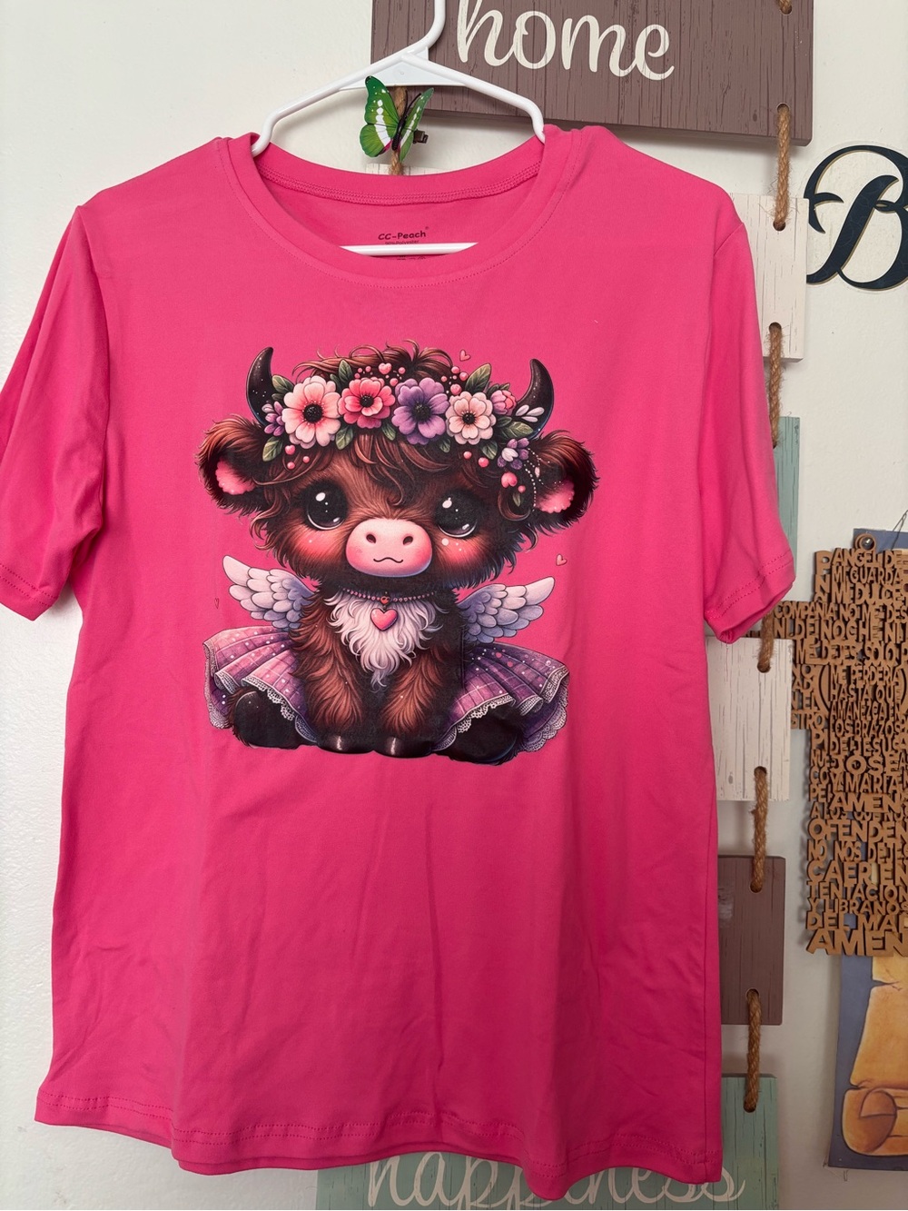 Women Bright Pink Short-Sleeve Tee with Floral Calf Graphic